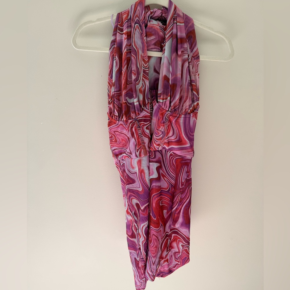 Bardot Retro Tie Dye Mesh Halter Mini Dress